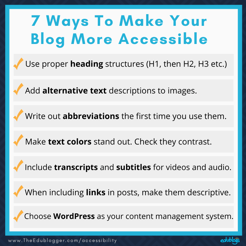 Summary graphic of 7 Ways To Make Your Blog More Accessible as explained in the post below