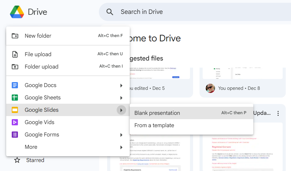 Start a new Google Slides presentation in your Google Drive by clicking on the link in the top left hand corner