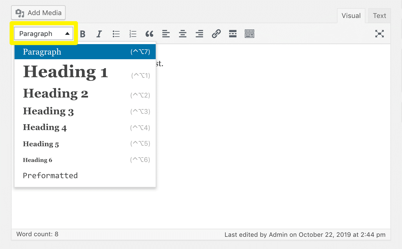 Click on the drop down menu to select Heading 1, 2, 3 etc (screenshot of Visual editor)