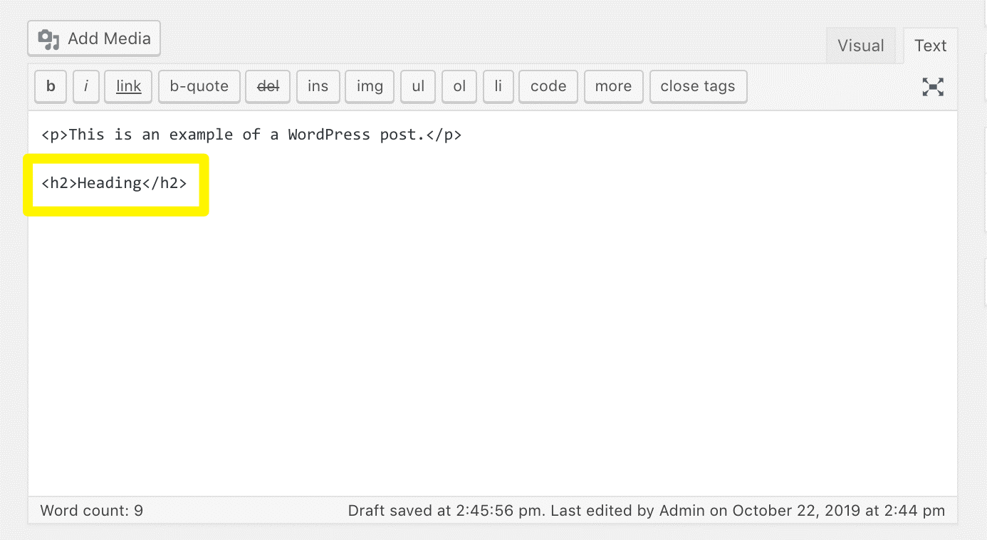 Example of using the HTML code to add Headings to text when writing a blog post (screenshot)