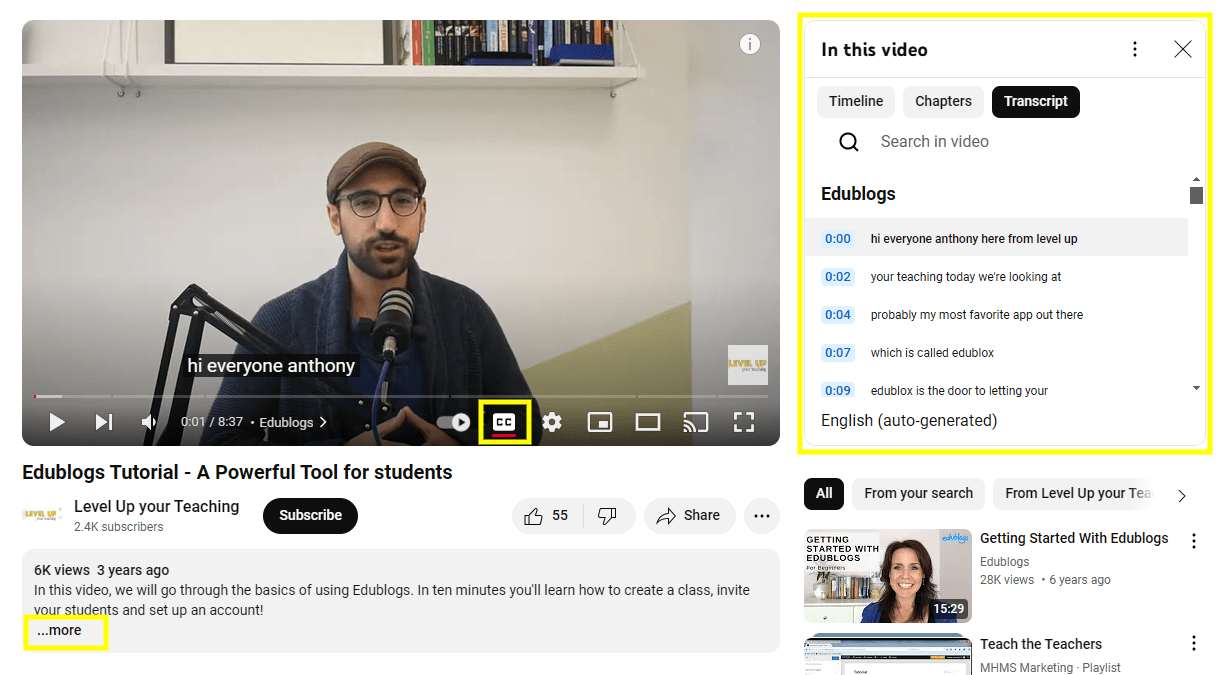 Screenshot showing how to open transcript in YouTube as explained in the post.